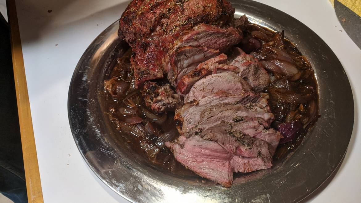 Roast Leg of Lamb with Balsamic Braised Onions and Demi Glace